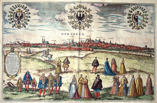 Vista de Nuremberg. Civitates Orbis Terrarum, vol. II, lám. 43. Georg Braun (edición) / Joris Hoefnagel (dibujo). Colonia, 1575 (primera edición latina). Calcografía coloreada / 31 x 49 cm (huella). Fundación Museo de las Ferias Vista de Nuremberg