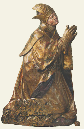 Escultura orante del obispo Juan Ruiz de Medina de Juan Rodríguez, Pedro de Salamanca y colaboradores. Hacia 1540. Madera policromada 85 x 54 x 20 cm. Retablo Mayor de la Colegiata de San Antolín
