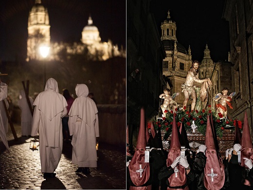 SALAMANCA. Los cofrades del Cristo del Amor y de la Paz desfilan el Jueves Santo por la capital salmantina portando faroles de mano con la catedral de fondo. 