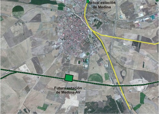 Localización de la nueva estación de Medina con respecto a la actual. Edición Vía Libre