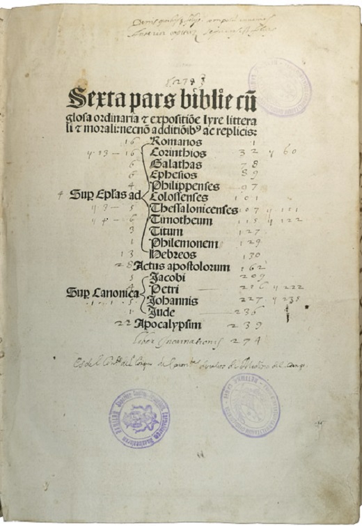 Biblia latina, sexta parte... Basilea: Johann Froben y Johann Petri, a costa de Sebastián Brant. 1 de diciembre de 1498. Encuadernación gótica en piel de cerdo gofrada con motivos vegetales. y tablas de madera. Dos broches metálicos de cierre / 31’5 x 22’6 cm. Biblioteca del Convento de PP. Carmelitas Descalzos. Medina del Campo 