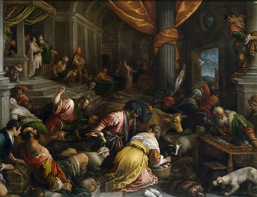 Expulsión de los mercaderes del Templo. Francesco Bassano. Hacia 1585. Óleo sobre lienzo / 150 x 184 cm. Museo Nacional del Prado (P00027)