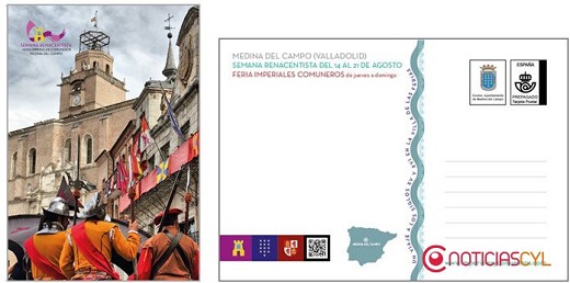 La tarjeta muestra una imágen emblematica de la Feria Imperiales y Comuneros y busca la promoción turística.