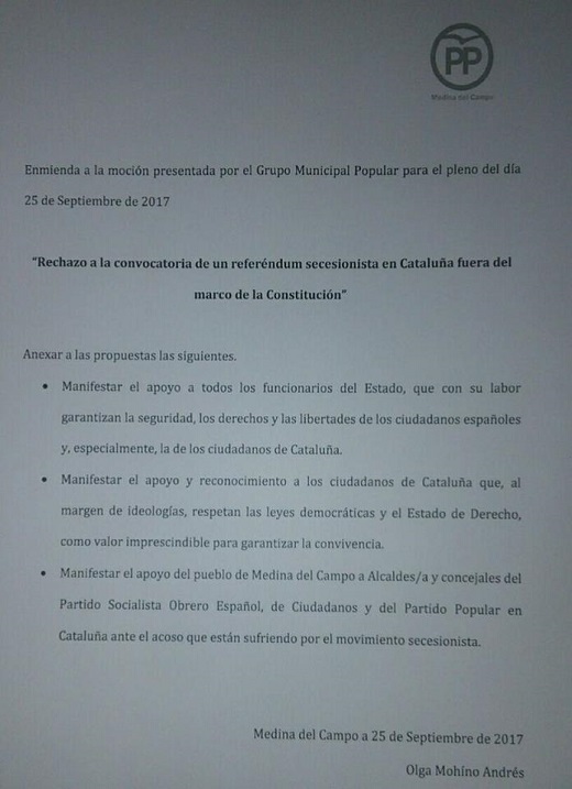 Enmienda a la moción presentada por el Grupo Municipal Popularpara el Pleno el día 25 de septimbre de 2017