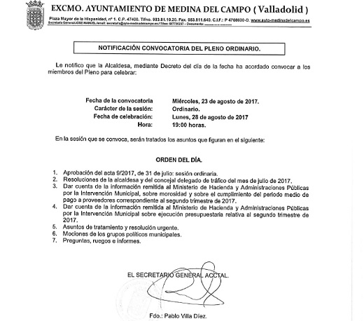 Pleno Municipal del día 28 de agosto de 2017