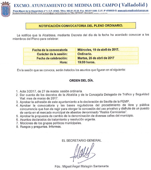 Orden del día PLENO MUNICIPAL ORDINARIO (Medina del Campo) 