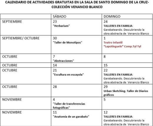 Cuadro calendario de actividades gratuitas en la sala de Santo Domingo de la Cruz-Colección Venancio Blanco