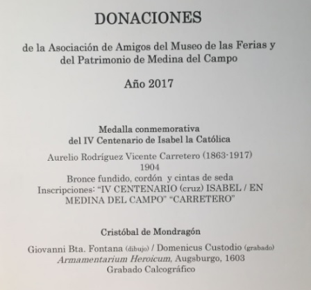 Documento donación medalla conmemorativa del IV Centenario de Isabel la Católica


