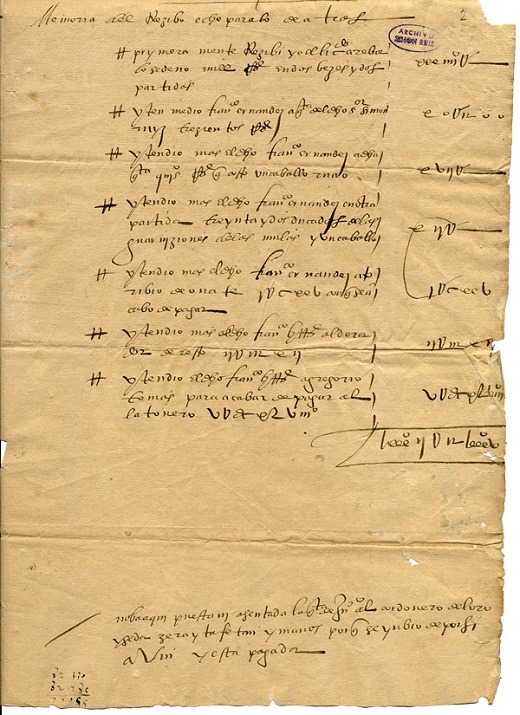 “Memoria de lo que costó el coche del señor Simón Ruiz”. (Con la carta que remite el licenciado Arévalo Sedeño a Medina del Campo). Valladolid, 5 de marzo de 1575. Manuscrito sobre papel / bifolio. ASR, CC, C, Caja 27-10