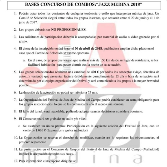 Bases del concurso de combos de jazzmdc en Medina del Campo.