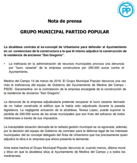 Reclaman el lucro cesante, 290.000€ al Ayuntamiento por no ejecutar la obra. La firma con la empresa, nuestra Alcaldesa. Ahora vamos a juicio para alargar trámites, pagando 18.000€ al antiguo concejal de Urbanismo que estaba en ese momento, también del Psoe. Medina del Campo mala gestión.