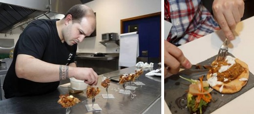 A la izquierda, preparación de la tapa del bar Zaqueo, A la derceha, otro pincho. / CÉSAR MINGUELA