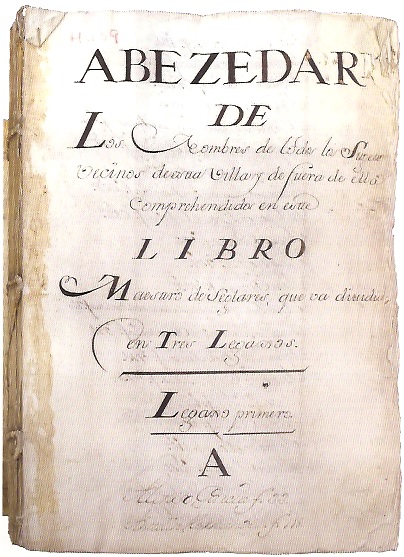 Portada del Libro Maestro de seglares de Medina del Campo. Todos los libros maestros, llamados también de lo real o de llo raíz, tiene idéntic estructura: se recoge primero el nombre del titular de los bienes y a continuación se detallan estos por partidas: casas, tierras, ganado, etc. (Archibo Histórico de Valladolid).