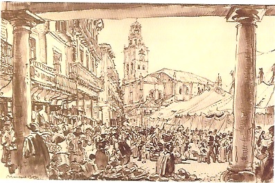 Día de mercado en la Plaza Mayor de Medina del Campo. Vista de la acera de la mercería. Litografía de Muirhead Bone. (Fondación Museo de las Ferias).