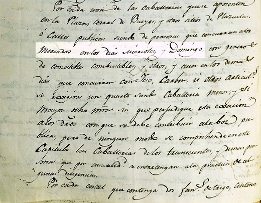 Manuscrito sobre papel / folio. Archivo Municipal de Medina del Campo. AMMC, H caja 567-7303,ff.99r–102r
(En el folio 101v aparece la primera mención documental conocida hasta el momento del mercado semanal del domingo)