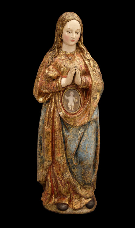 Virgen de la Esperanza. Anónimo castellano. Hacia 1600. adera de pino policromada 65 x 23 x 20 cm. Colección Particular. Obra restaurada por la Fundación Las Edades del Hombre en 2017