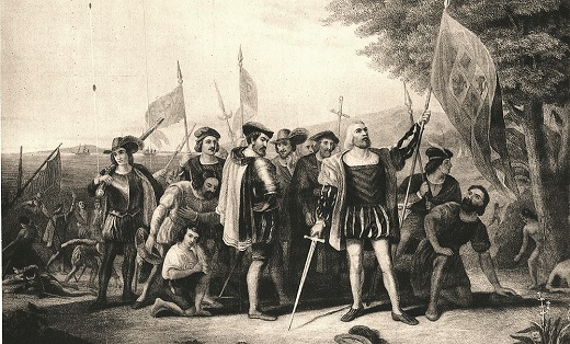 Grabado del siglo XIX sobre la llegada de Colón a suelo americano (Universal History Archive / Getty)