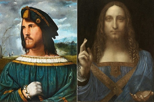 Hay quien ve parecido en rasgos y estructura facial entre los rostros del retrato más conocido de César Borgia, obra de Altobello Melone, y el Salvator Mundi de Leonardo da Vinci/Imagen 1: dominio público en Wikimedia Commons – Imagen 2: dominio público en Wikimedia Commons