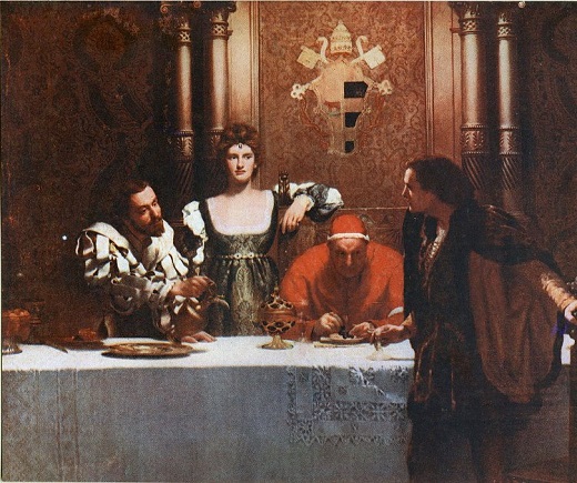 Un vaso de vino con César Borgia. En este cuadro de John Collier vemos, de izquierda a derecha, a César, Lucrecia, Alejandro VI y un sirviente/Imagen: dominio público en Wikimedia Commons