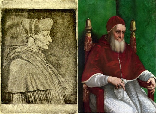 Los dos candidatos a suceder a Alejandro VI: Georges d’Amboise (heliografía de Niépce) y Giuliano della Rovere (pintura de Rafael); se impuso el segundo/Imagen 1: dominio público en Wikimedia Commons – Imagen 2: dominio público en Wikimedia Commons