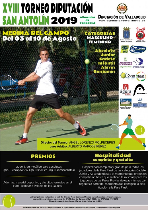 Cartel XVIII Torneo Diputación San Antolín 2019. Medina de Campo del 03 al 10 de agosto de 2019