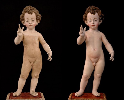 Niño Jesús triunfante. Anónimo sevillano. Primer tercio del siglo XVII. Madera policromada / 60 x 25 cm. Fundación Simón Ruiz. Obra depositada en el Museo de las Ferias