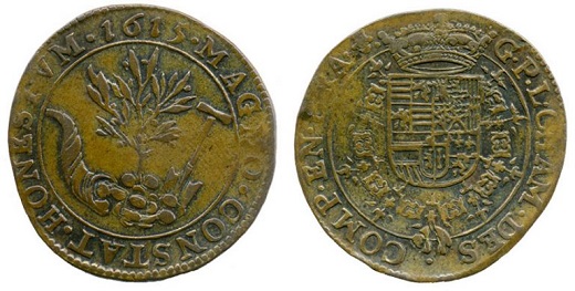 Prosperidad económica y desarrollo del comercio tras seis años de tregua (Tregua de los Doce Años) durante el gobierno de los Archiduques. Bruselas, 1615. Cobre / 28 mm Ø, ejes 11 h. Fundación Museo de las Ferias, inv. MJE519