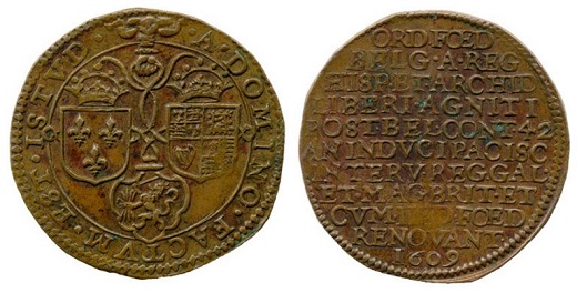 Inicio de la Tregua de los Doce Años. Provincias Unidas, s. c., 1609. Cobre / 30 mm Ø, 6’10 g, ejes 9 h. Fundación Museo de las Ferias, inv. MJE518