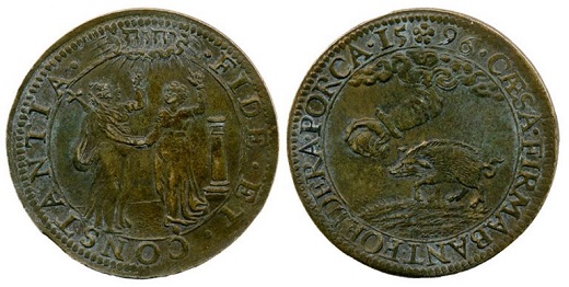 Alianza de Gran Bretaña, Francia y las Provincias Unidas. Dordrecht (Holanda), 1596. Cobre / 30 mm Ø, 5’93 g, ejes 5 h. Fundación Museo de las Ferias, inv. MJE515