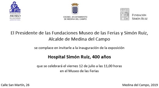 Tarjetón invitación a Juan Antonio del Sol Hernández para inauguración de la exposición "Hospital Simón Ruiz 400 años"
