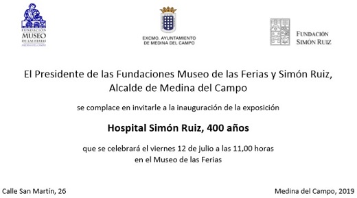 Tarjetón invitación a Juan Antonio del Sol Hernández para inauguración de la exposición "Hospital Simón Ruiz 400 años"
