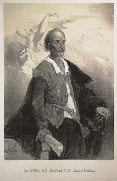 Célestin Nanteuil (1813-1873) Dibujante y litógrafo. Madrid: 1855. Litografía J. J. Martínez, Desengaño, 10. Cromolitografía / 44 x 31’5 cm (30 x 21’2 cm, imagen). Inscripción: "MIGUEL DE CERVANTES SAAVEDRA"