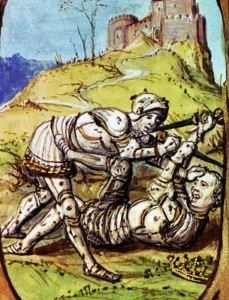 Muerte de Pedro I a manos de Enrique II, según miniatura de la Genealogía de los Reyes de España (Biblioteca Nacional). Muerte de Pedro I a manos de Enrique II, según miniatura de la Genealogía de los Reyes de España (Biblioteca Nacional).