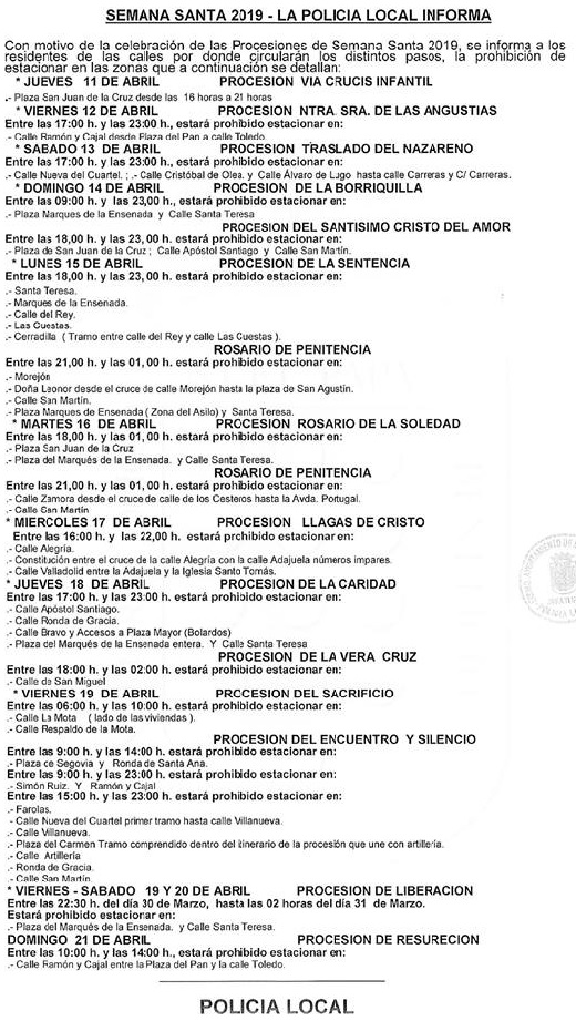 Prohibición de estacionar en las zonas que en el cuadro se detallan