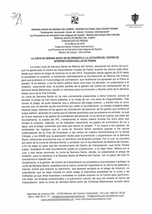 Explicamos los motivos por los cuales no nos hemos presentado al Pliego de Licitación del Centro de Interpretación Huellas de Pasión PUEDE AMPLIARSE.