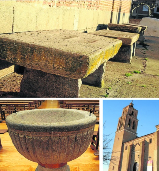 Arriba, lápidas de piedra; pila bautismal y La torre de la Iglesia marca el perfil de la villa.