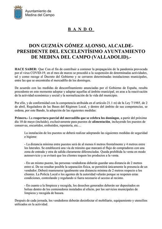 BANDO: El Ayuntamiento de MedinadelCampo ha dado a conocer este lunes una serie de medidas en un bando municipal en el que se detallan algunas normas para la fase 0 del plan de desescalada.