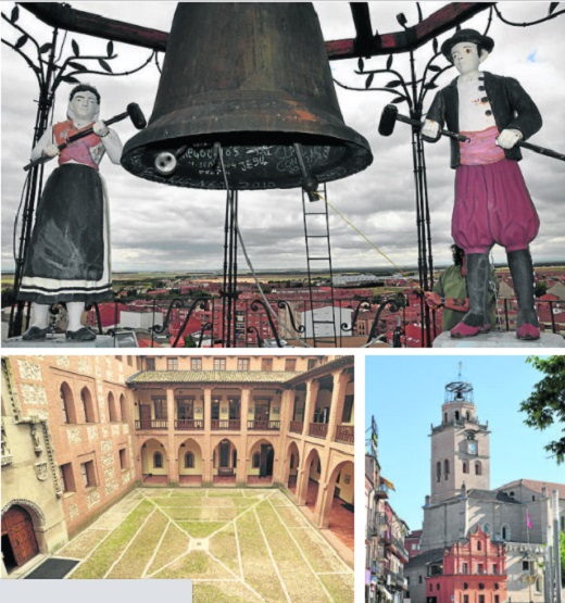 Arriba, reloj de los Maragatos, en la torre de la Colegiata; patio del castillo de la Mota y la Colegiata.