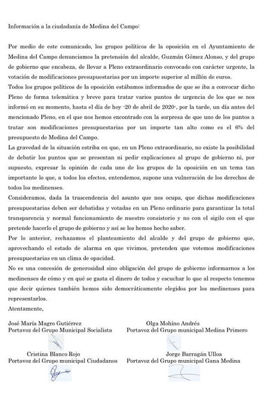 Ante la falta de diálogo, ante la falta de consenso y acuerdo.
Frente a ello todos los grupos municipales en la oposición firmamos lo siguiente