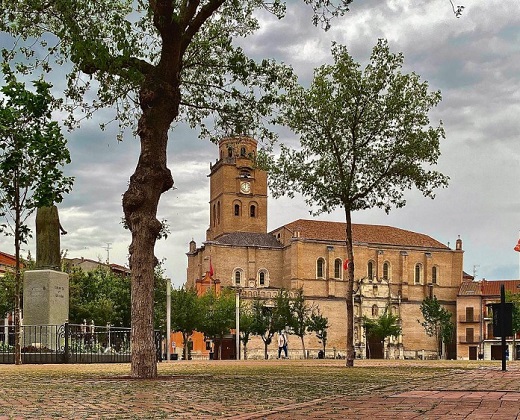 Plaza Mayor de la Hispanidad, al frente, Iglesia Colegiata de San Antolçin de Medina del Campo