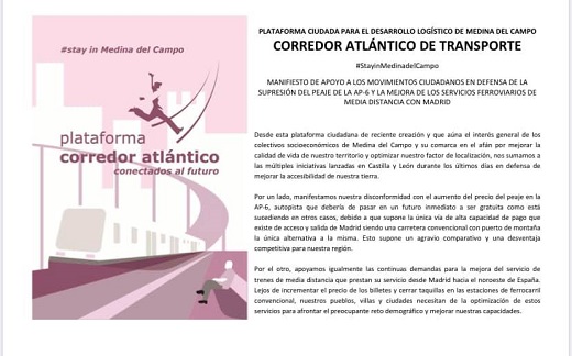 Manifiesto de apoyo a los movimientos ciudadanos en defensa de la supresión del peaje de la AP-6 y la mejora de los servicios ferroviarios de media distancia con Madrid.