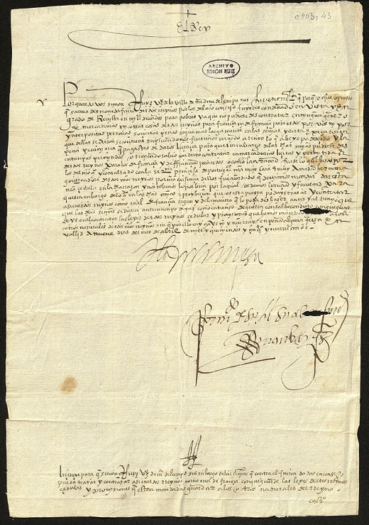 Cédula Real de la infanta gobernadora Juana de Austria autorizando a Simón Ruiz que pueda hacer negocios de mercancías lícitas con Francia, a pesar de las sentencias condenatorias de saca de moneda.Madrid, 9 de abril de 1559. Manuscrito sobre papel / 33 x 27 cm Archivo Simón Ruiz. ASR, CC, C 203, 43