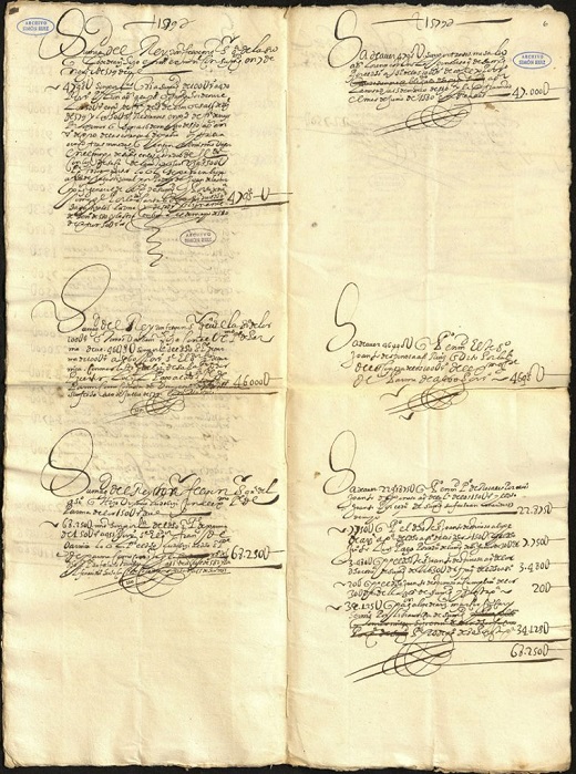 Cuentas de asientos hechos por los Ruiz con Felipe II, Juan de Austria y Alejandro Farnesio. Madrid, París y Flandes, 1576 – 1580. Manuscrito sobre papel / cuadernillo de 20 hojas. Archivo Simón Ruiz. ASR, CC, C 220, 190