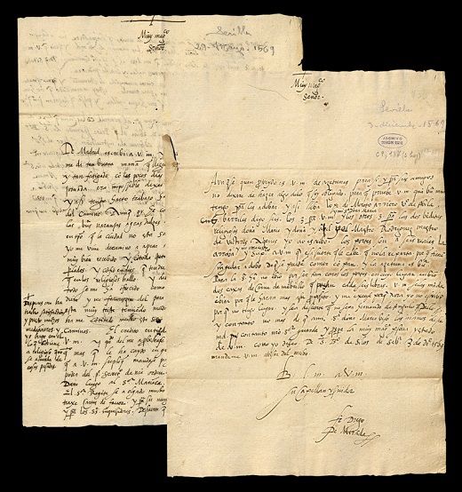 Cartas de fray Diego de Miranda en Sevilla a su hermano Simón Ruiz en Medina del Campo. Monasterio de San Benito de Silos, Sevilla: 29 de mayo a 3 de diciembre de 1569. Manuscrito sobre papel / bifolios, Archivo Simón Ruiz. ASR, CC, C 9, 183-187.