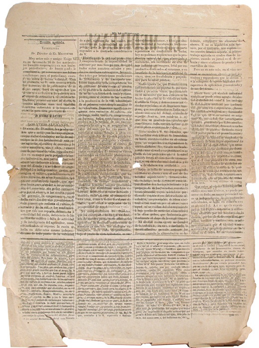 El Medinense. Periódico semanal de intereses morales y materiales. Medina del Campo, 28 de agosto de 1887 (primer número del semanario) Impreso sobre papel / 4 págs. de doble folio. Archivo Municipal de Medina del Campo. AMMC, Hemeroteca