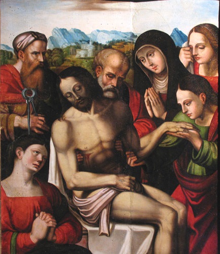 Llanto sobre Cristo muerto. Jácome de Blancas (sigue el original de Perugino)
Hacia 1540. Óleo sobre tabla / 69 x 59 cm (marco de 83x72’5 cm). Fundación Museo de las Ferias. Obra depositada por la Colegiata de San Antolín. Última restauración: Mª Encarnación López Sancho (mayo de 1998), con la financiación de la Asociación Medina por su Patrimonio