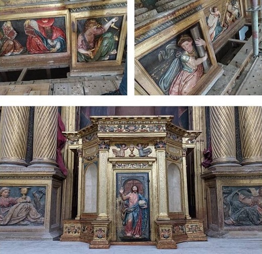 Los relieves y el sagrario del retablo mayor de la iglesia del Hospital de Simón Ruiz, reintegrados a sus espacios originales.
