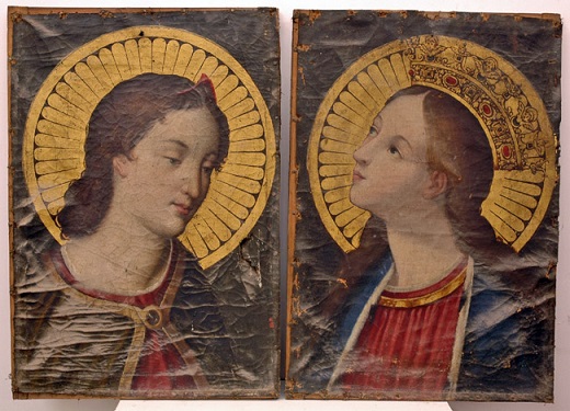 Virgen María y Arcángel San Gabriel, personajes de la Anunciación, según modelos de la Annunziata de Florencia. Anónimo (seguidor de Alessandro Allori). Hacia 1670. Óleo sobre lienzo / 55’7 x 38’5 cm (con marco 83 x 47’5 cm). Iglesia de Santiago el Real. Retablo de la capilla del Relicario. Medina del Campo. Tratamiento de conservación: Francisco Boldo – Taller de Restauración de Arte (octubre, 2020)