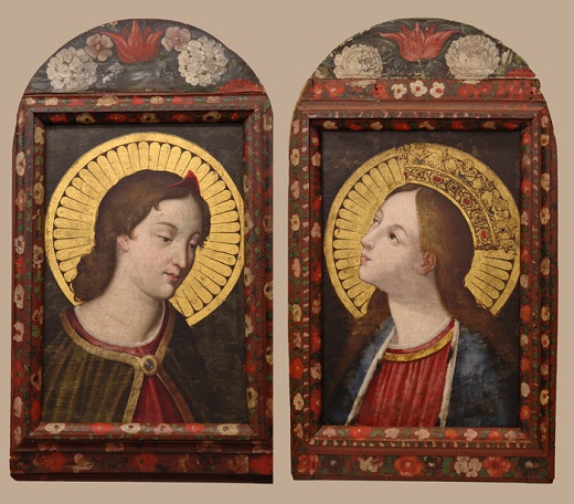 Virgen María y Arcángel San Gabriel, personajes de la Anunciación, según modelos de la Annunziata de Florencia. Anónimo (seguidor de Alessandro Allori). Hacia 1670. Óleo sobre lienzo / 55’7 x 38’5 cm (con marco 83 x 47’5 cm). Iglesia de Santiago el Real. Retablo de la capilla del Relicario. Medina del Campo. Tratamiento de conservación: Francisco Boldo – Taller de Restauración de Arte (octubre, 2020)