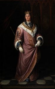 Juan II de Castilla por Francisco Prats y Velasco, 1848. Museo del Prado. La imagen y figura del rey está inspirada en la estatua yacente del sepulcro del monarca de la Caruja de Miraflores.